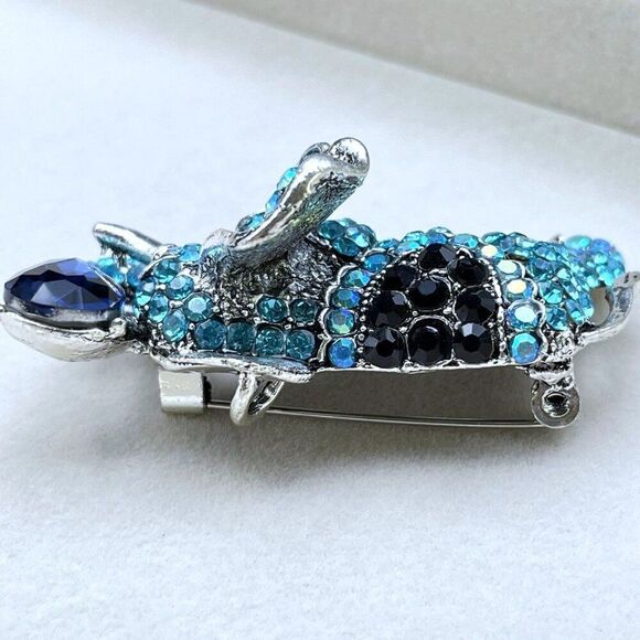 Silver with Blue Sapphire Black Onyx and AB Crystal Elephant Pin Back Brooch - Picture 7 of 10
